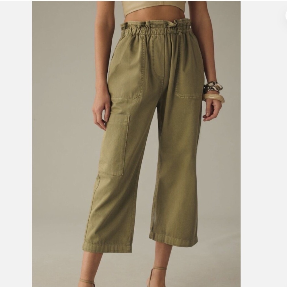 Anthropologie High Rise Paperbag Crop Pull On Cargo Wide Leg Green Pants Sz S